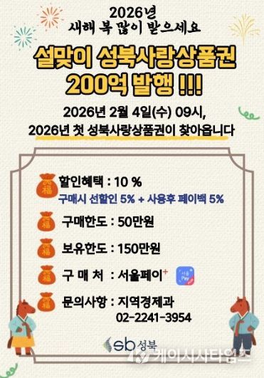 성북구, 설 앞두고 200억 원 규모 성북사랑상품권 발행