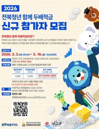 부안군, 2026년 전북청년 함께 두배적금 신규 참여자 모집