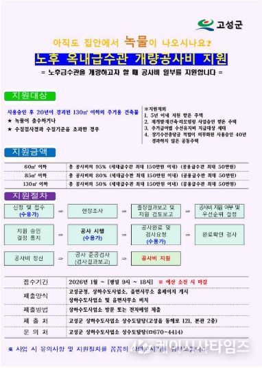 고성군, 노후 옥내급수관 개량공사비 지원사업 시행